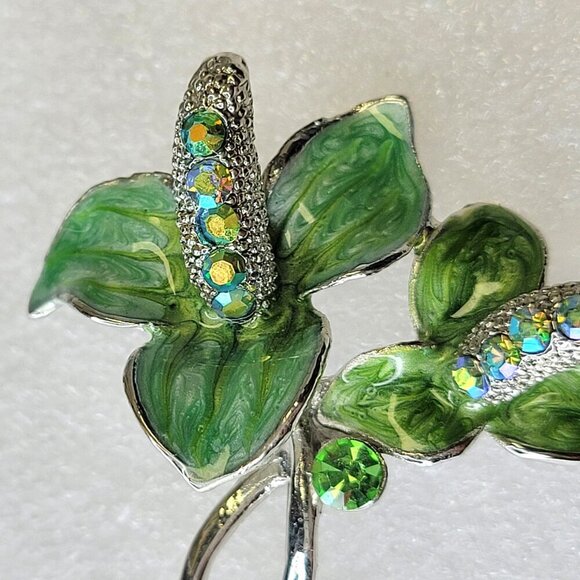 Vintage Rhinestone Floral Brooch Sparkling Green Leaves - Picture 2 of 12